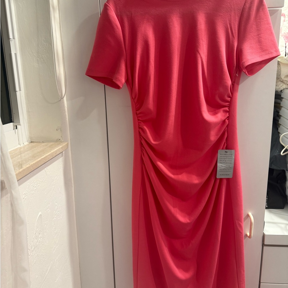 Maggy London Pink Ruched Sheath Midi Dress